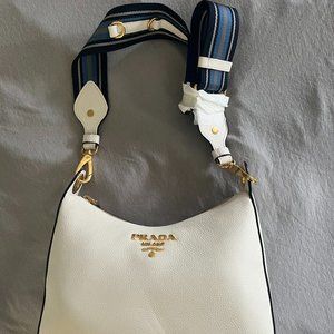 Prada Vitello Phenix Bianco Leather Web Stripe Strap Crossbody 1BC166